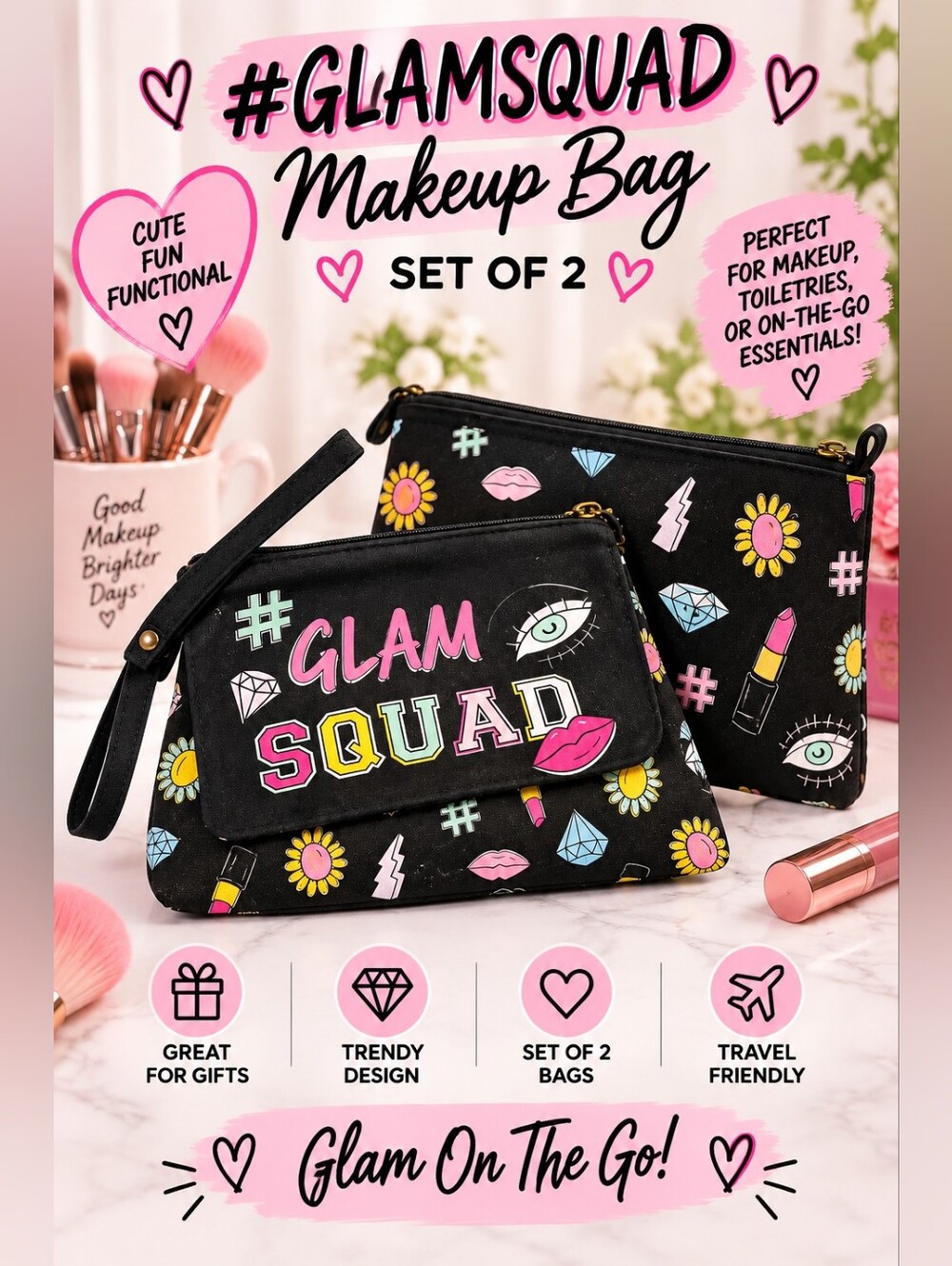 Black #GLAMSQUAD Makeup Bag Set of 2